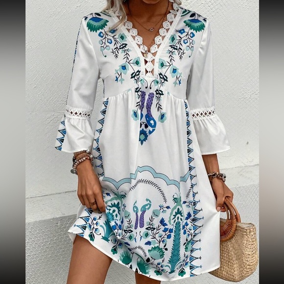 Boho Floral Peacock Print Guipure Crochet Lace Flounce Sleeve Dress White - Picture 1 of 6